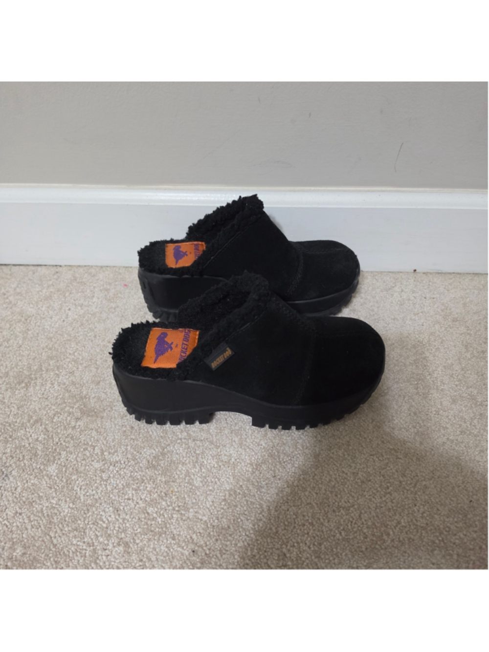 Rocket Dog Black Suede Shearling Trim Chunky Platform Clogs Mules 6